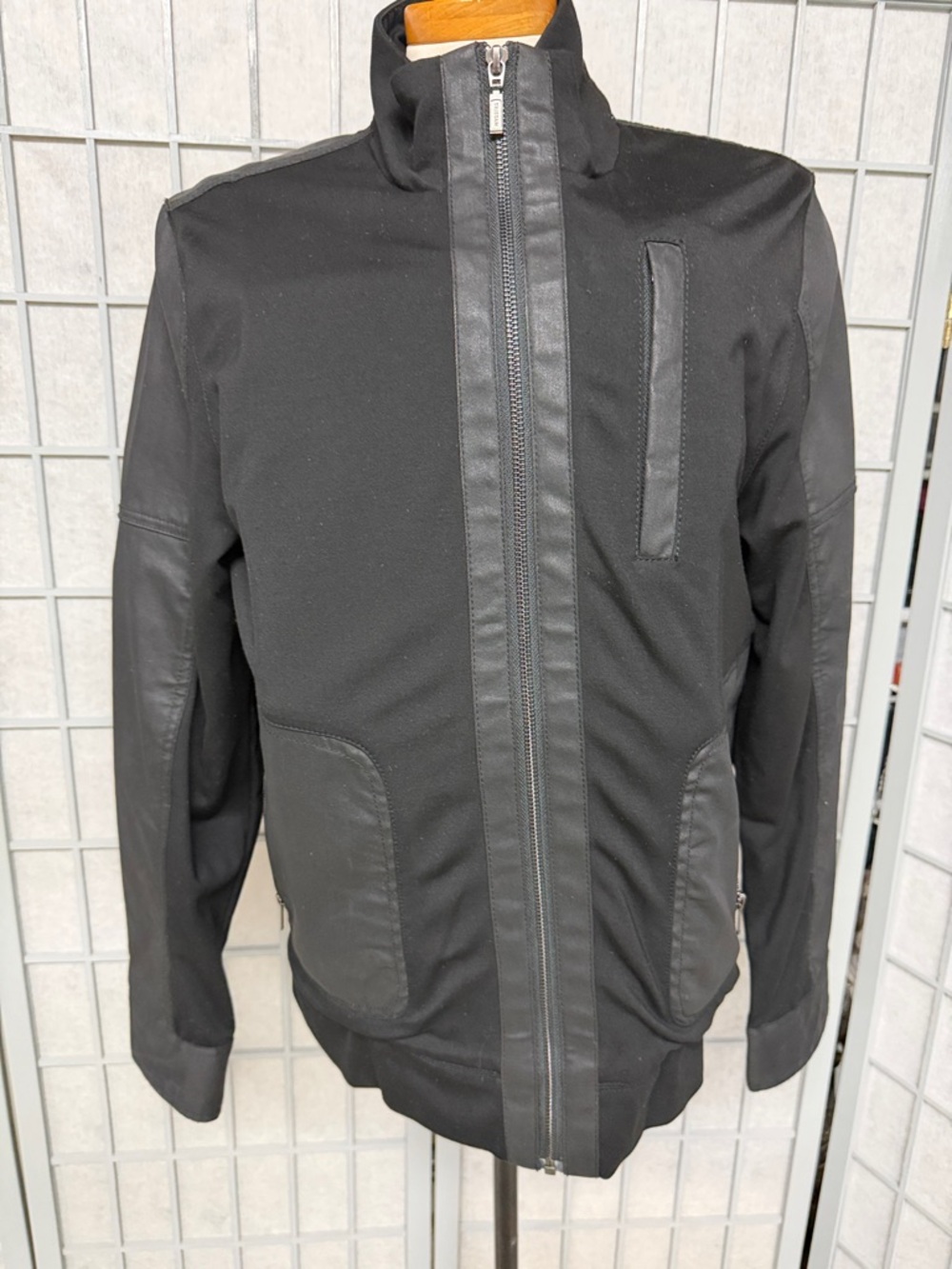 Tristan Black Lightweight Zip-Up Jacket with Leather-Trim